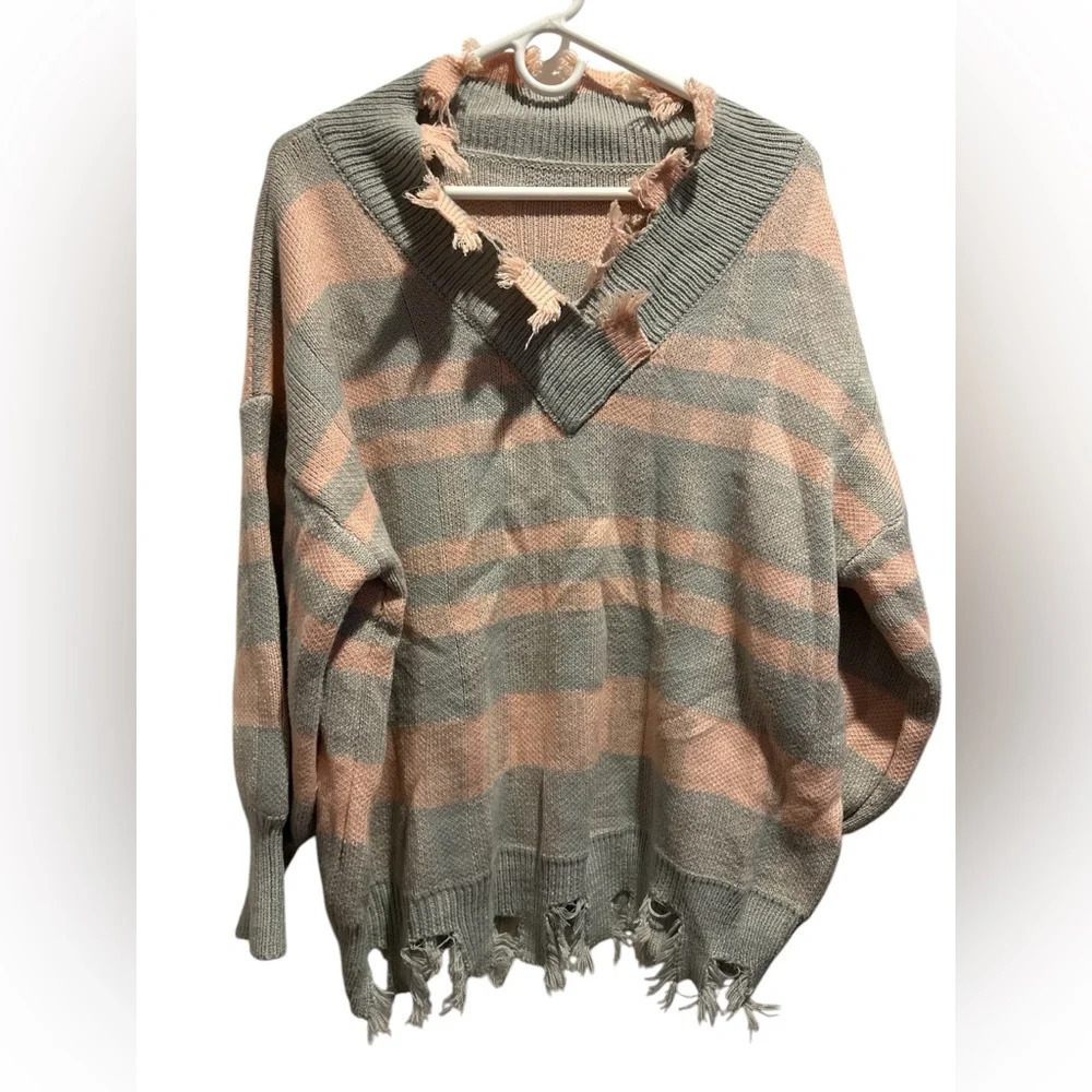 Pink and Gray stripe vneck distressed oversized sweater